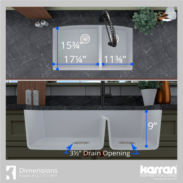 Karran 32" Undermount Quartz Composite Kitchen Sink, 60/40 Double Bowl, White, QU-711-WH-PK1