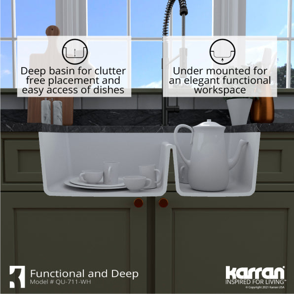 Karran 32" Undermount Quartz Composite Kitchen Sink, 60/40 Double Bowl, White, QU-711-WH-PK1