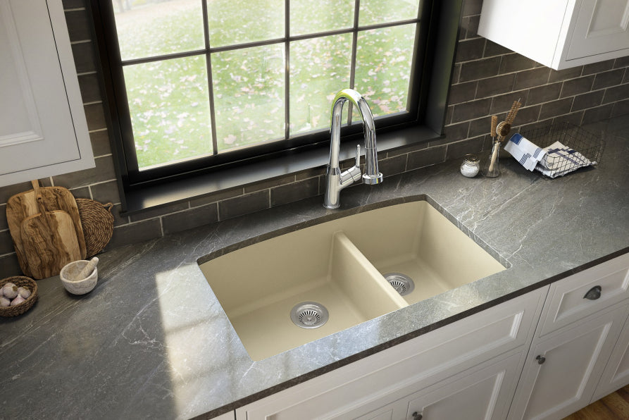 Karran 32" Undermount Quartz Composite Kitchen Sink, 60/40 Double Bowl, Bisque, QU-711-BI-PK1