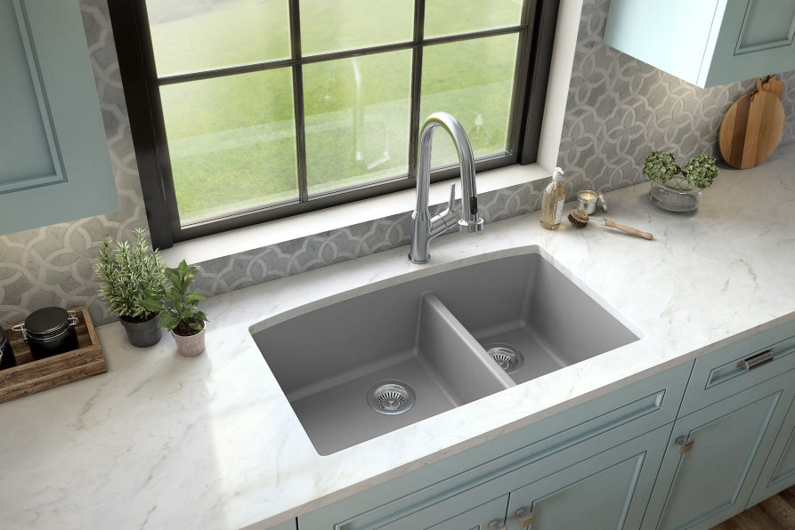 Karran 32" Undermount Quartz Composite Kitchen Sink, 60/40 Double Bowl, Grey, QU-711-GR-PK1
