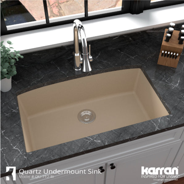 Karran 33" Undermount Quartz Composite Kitchen Sink, Bisque, QU-712-BI