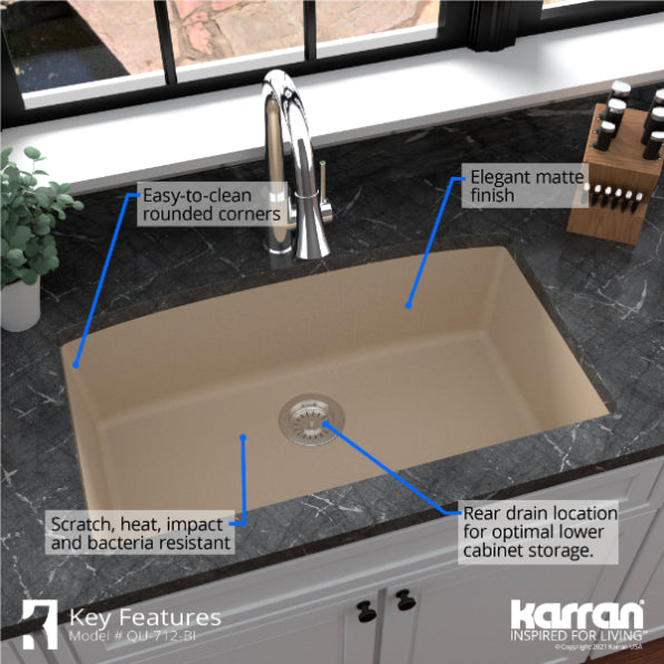 Karran 33" Undermount Quartz Composite Kitchen Sink, Bisque, QU-712-BI