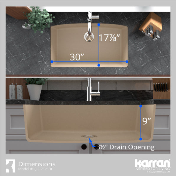 Karran 33" Undermount Quartz Composite Kitchen Sink, Bisque, QU-712-BI