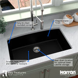 Karran 32" Undermount Quartz Composite Kitchen Sink, Black, QU-712-BL-PK1