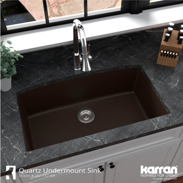 Karran 33" Undermount Quartz Composite Kitchen Sink, Brown, QU-712-BR