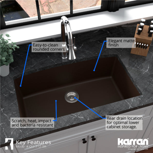 Karran 33" Undermount Quartz Composite Kitchen Sink, Brown, QU-712-BR