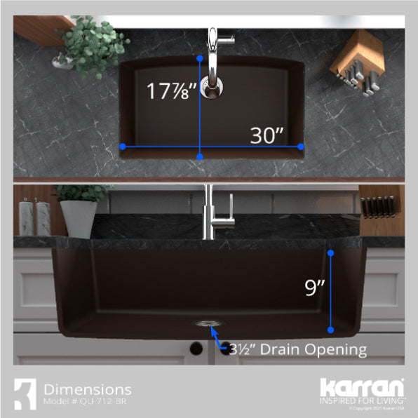 Karran 33" Undermount Quartz Composite Kitchen Sink, Brown, QU-712-BR