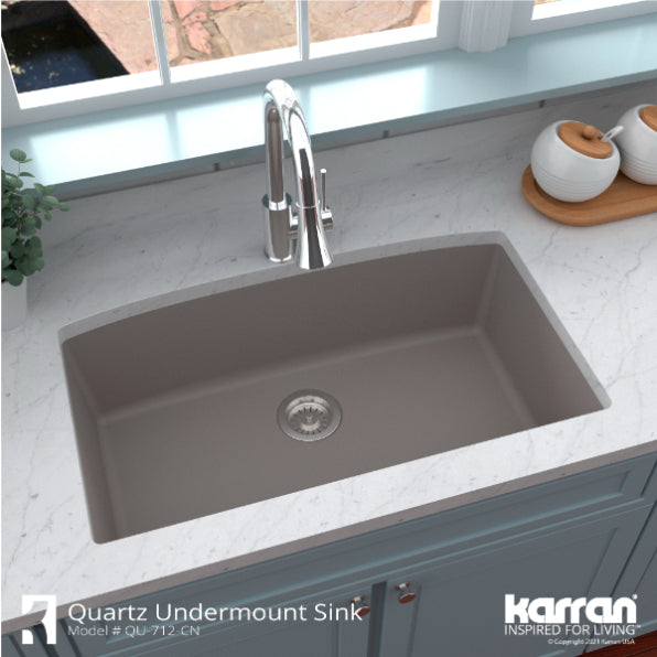 Karran 32" Undermount Quartz Composite Kitchen Sink, Concrete, QU-712-CN-PK1