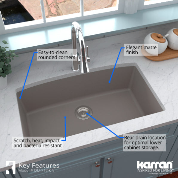 Karran 32" Undermount Quartz Composite Kitchen Sink, Concrete, QU-712-CN-PK1