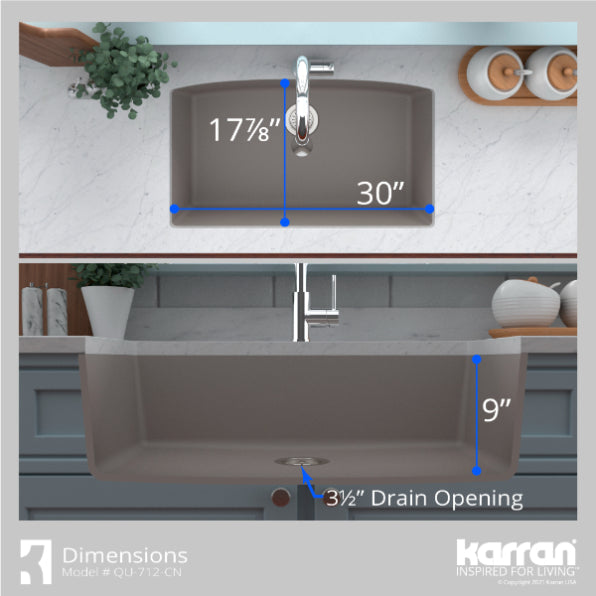 Karran 32" Undermount Quartz Composite Kitchen Sink, Concrete, QU-712-CN-PK1