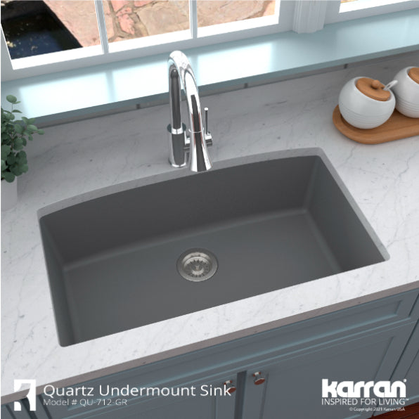 Karran 33" Undermount Quartz Composite Kitchen Sink, Grey, QU-712-GR