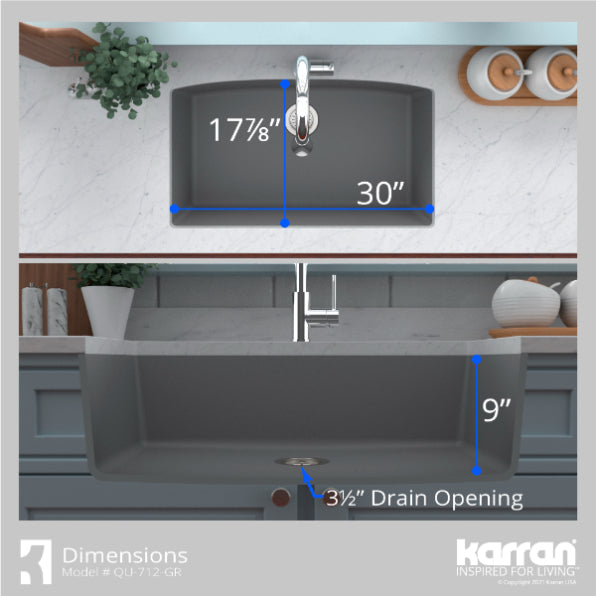Karran 33" Undermount Quartz Composite Kitchen Sink, Grey, QU-712-GR