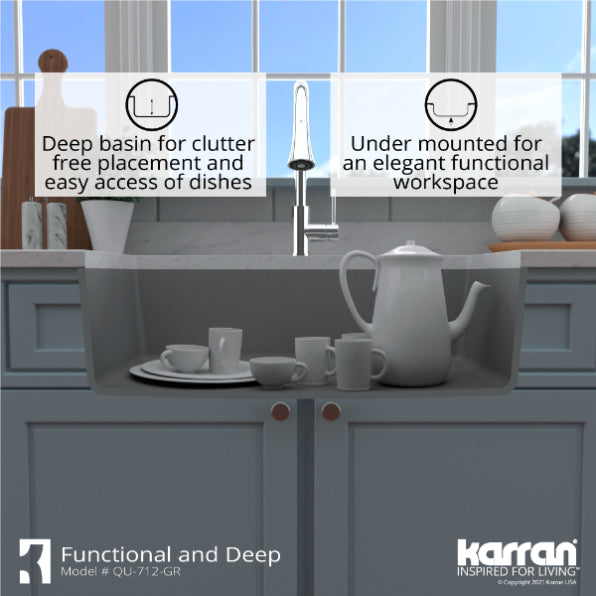 Karran 33" Undermount Quartz Composite Kitchen Sink, Grey, QU-712-GR