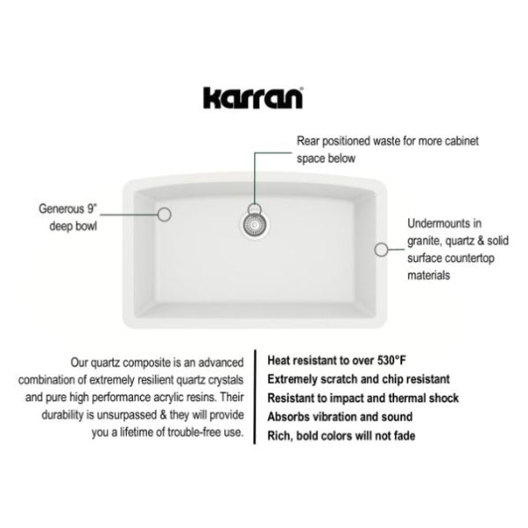 Karran 32" Undermount Quartz Composite Kitchen Sink, White, QU-712-WH-PK1