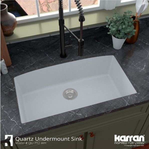 Karran 32" Undermount Quartz Composite Kitchen Sink, White, QU-712-WH-PK1
