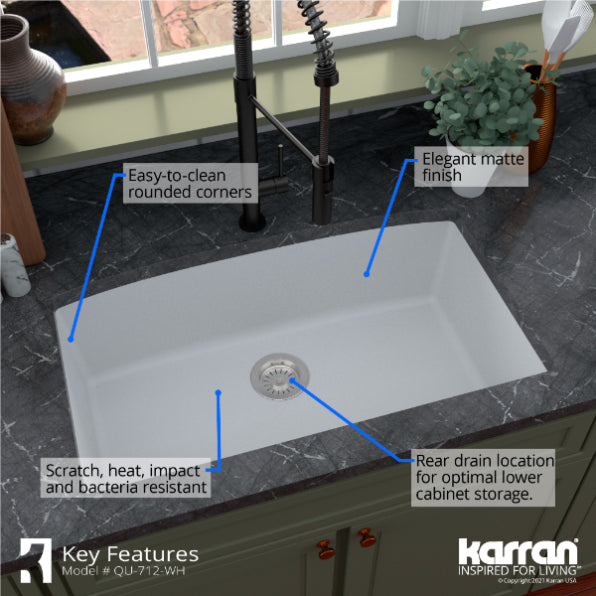 Karran 32" Undermount Quartz Composite Kitchen Sink, White, QU-712-WH-PK1