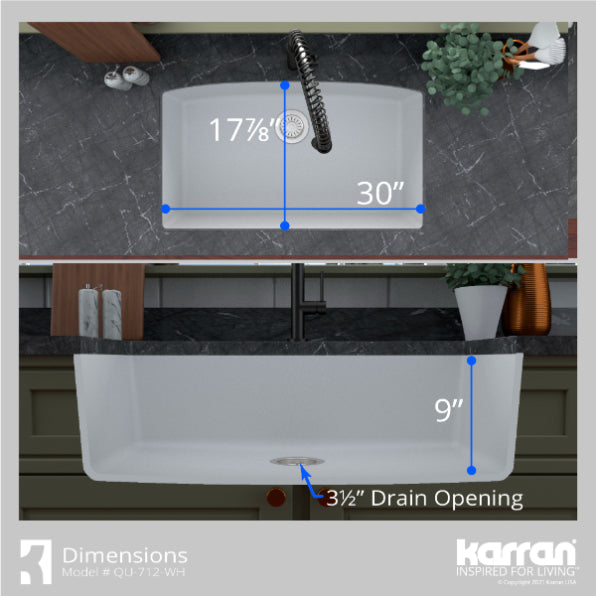Karran 32" Undermount Quartz Composite Kitchen Sink, White, QU-712-WH-PK1