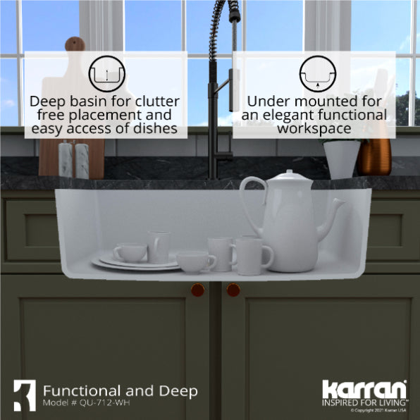 Karran 32" Undermount Quartz Composite Kitchen Sink, White, QU-712-WH-PK1