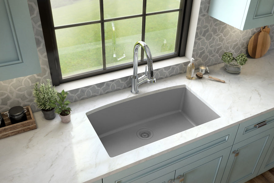 Karran 33" Undermount Quartz Composite Kitchen Sink, Grey, QU-712-GR