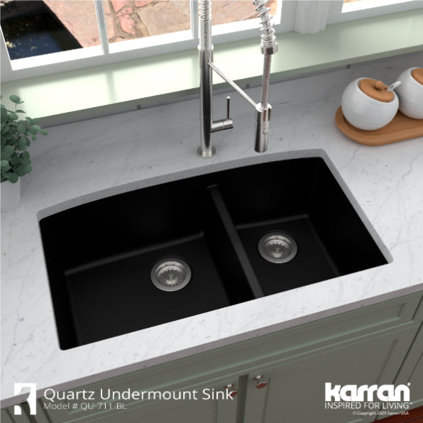 Karran 33" Undermount Quartz Composite Kitchen Sink, 60/40 Double Bowl, Black, QU-711-BL