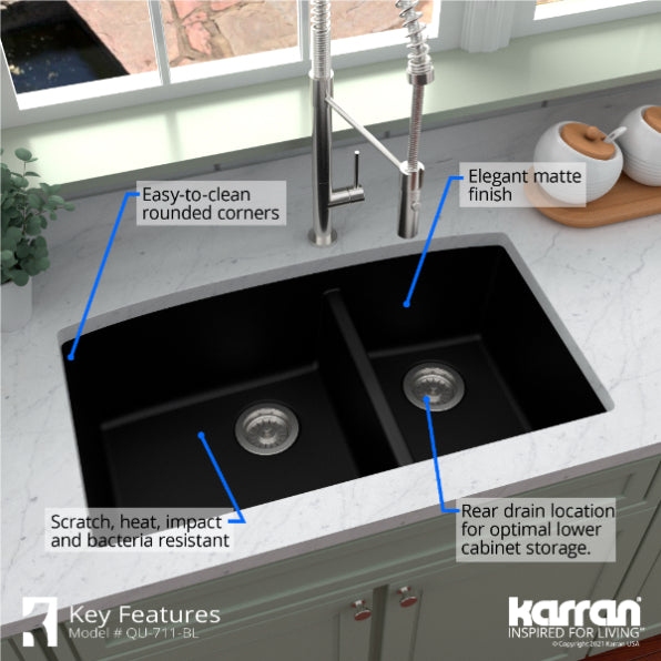 Karran 33" Undermount Quartz Composite Kitchen Sink, 60/40 Double Bowl, Black, QU-711-BL