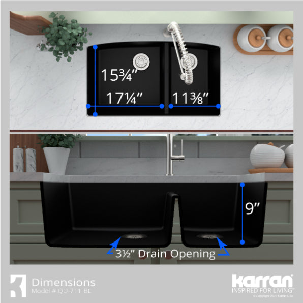 Karran 33" Undermount Quartz Composite Kitchen Sink, 60/40 Double Bowl, Black, QU-711-BL