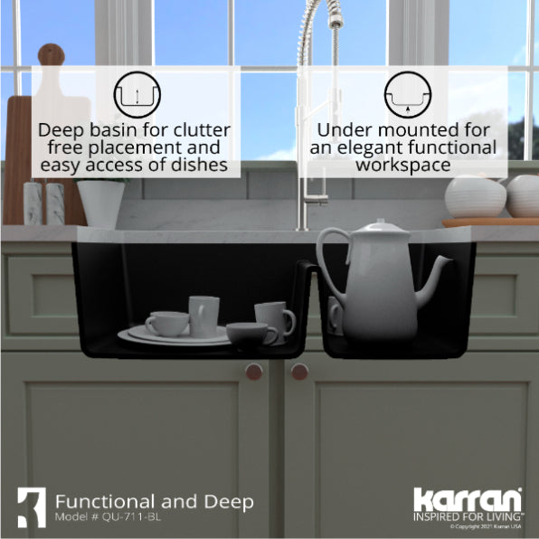 Karran 33" Undermount Quartz Composite Kitchen Sink, 60/40 Double Bowl, Black, QU-711-BL