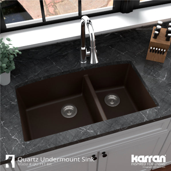 Karran 32" Undermount Quartz Composite Kitchen Sink, 60/40 Double Bowl, Brown, QU-711-BR-PK1
