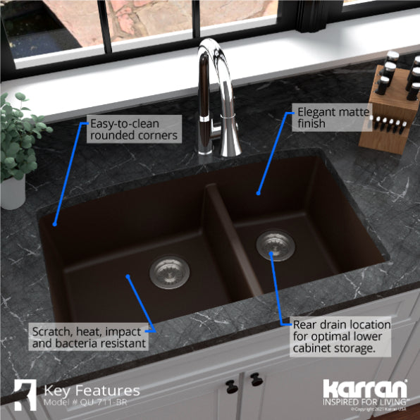 Karran 32" Undermount Quartz Composite Kitchen Sink, 60/40 Double Bowl, Brown, QU-711-BR-PK1