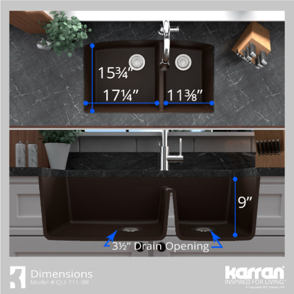 Karran 32" Undermount Quartz Composite Kitchen Sink, 60/40 Double Bowl, Brown, QU-711-BR-PK1