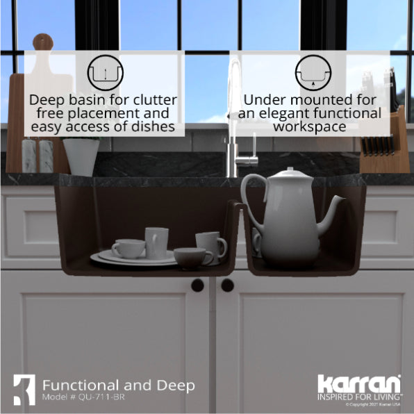 Karran 32" Undermount Quartz Composite Kitchen Sink, 60/40 Double Bowl, Brown, QU-711-BR-PK1
