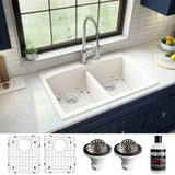 Karran 33" Drop In/Topmount Quartz Composite Kitchen Sink, 50/50 Double Bowl, White, QT-710-WH-PK1