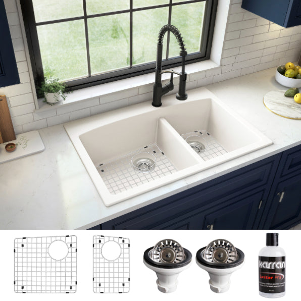 Karran 33" Drop In/Topmount Quartz Composite Kitchen Sink, 60/40 Double Bowl, White, QT-711-WH-PK1