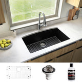 Karran 32" Undermount Quartz Composite Kitchen Sink, Black, QU-712-BL-PK1