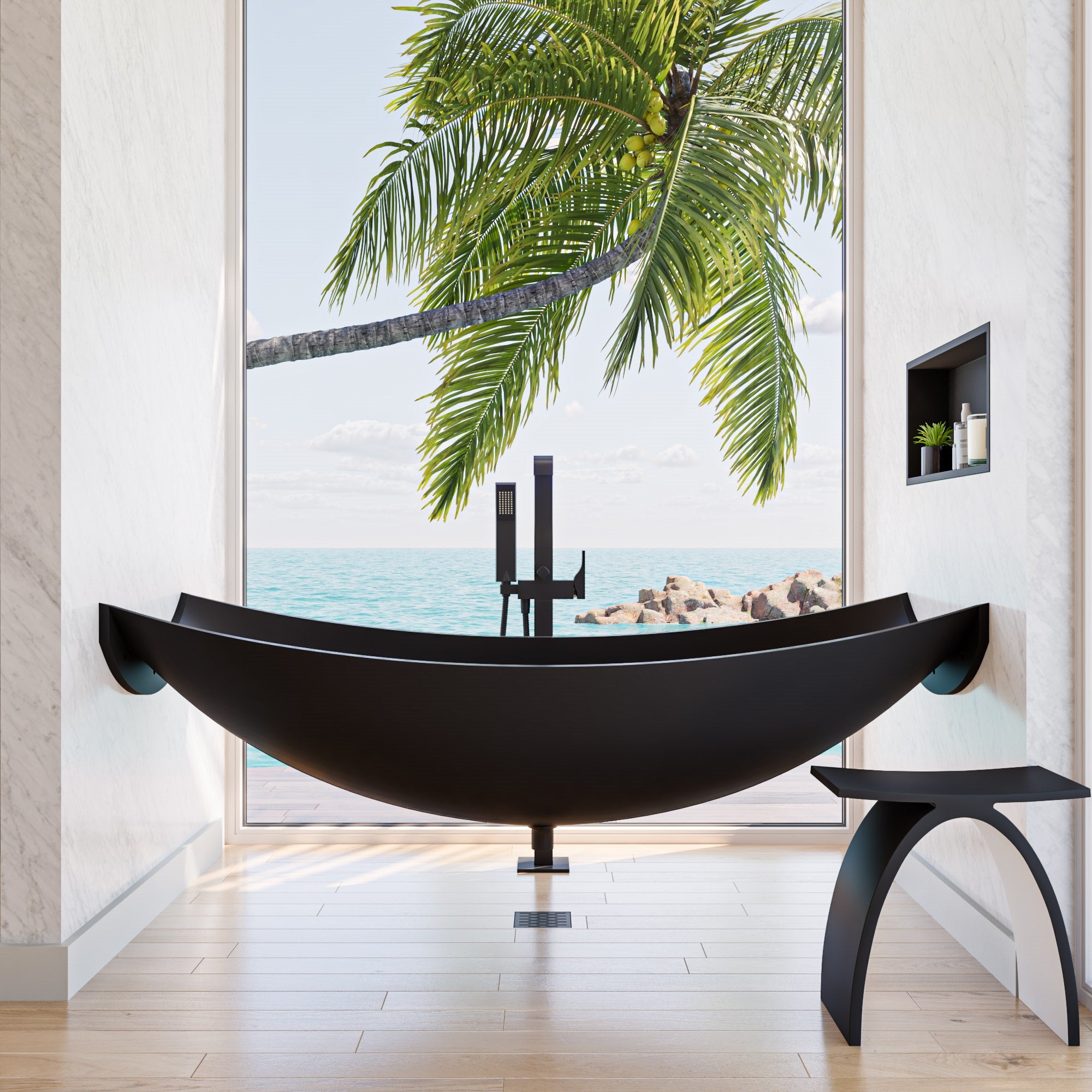ALFI brand 71" Solid Surface Resin Free Standing Oval Bathtub, Black Matte, HammockTub2-BM