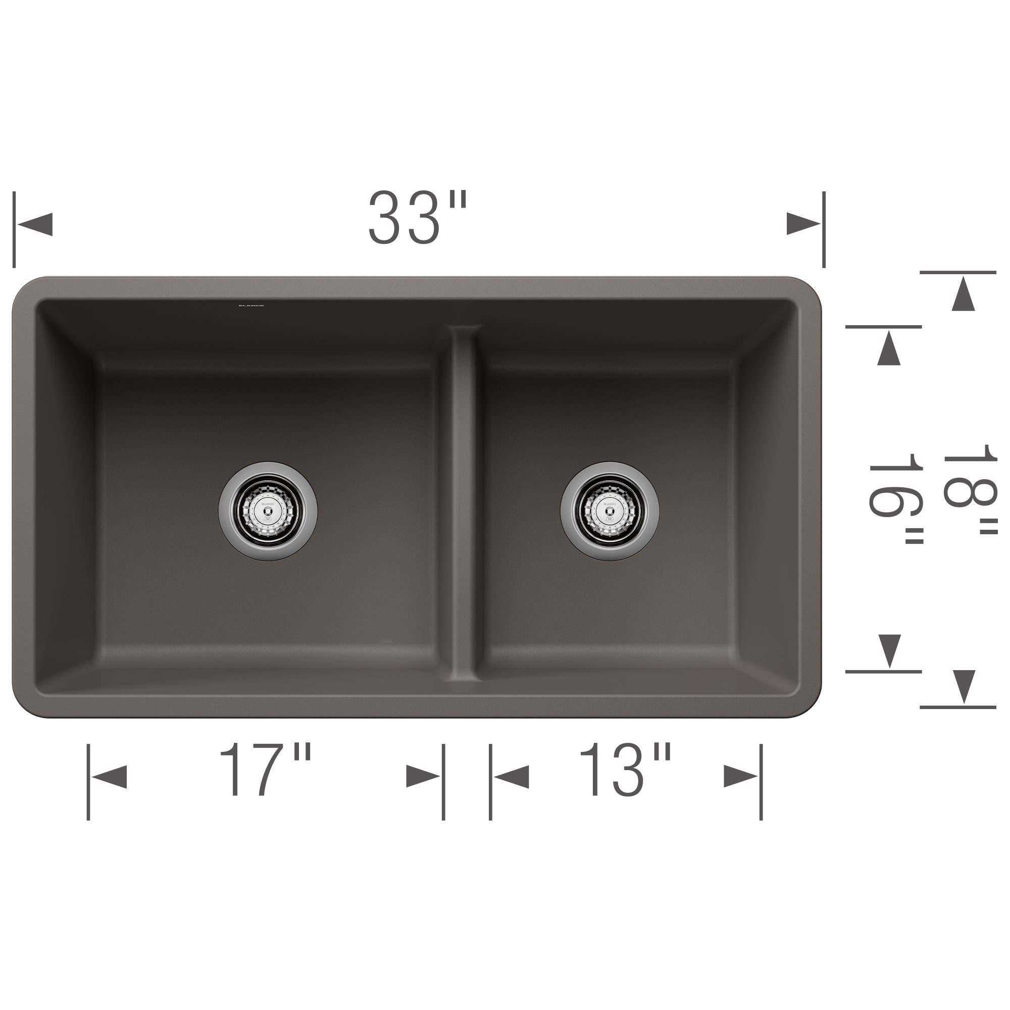 Blanco Precis 33" Undermount Silgranit Kitchen Sink, 60/40 Double Bowl, Volcano Gray, No Faucet Hole, 443117