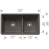 Blanco Precis 33" Undermount Silgranit Kitchen Sink, 60/40 Double Bowl, Volcano Gray, No Faucet Hole, 443117