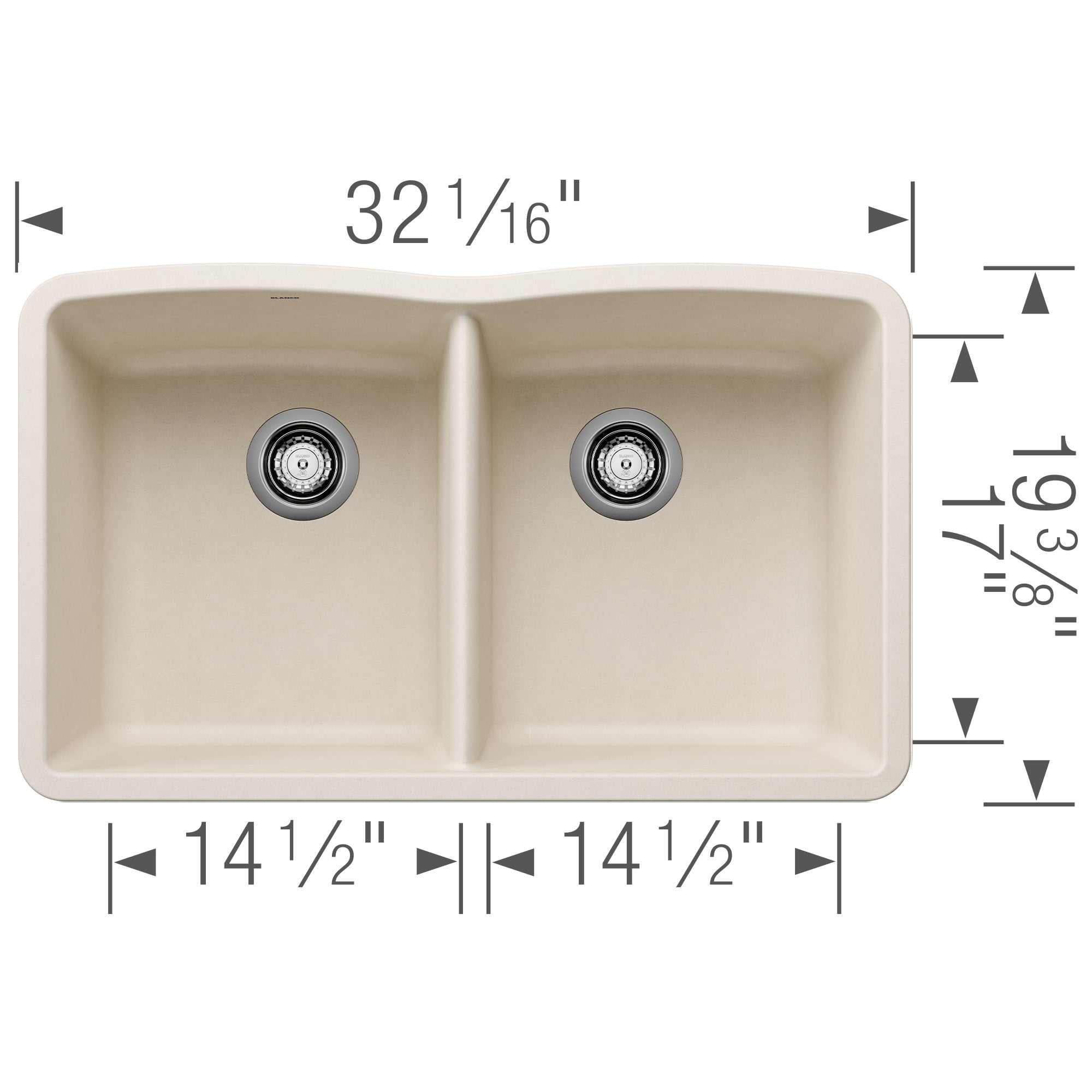 Blanco Diamond 32" Undermount Silgranit Kitchen Sink, 50/50 Double Bowl, Soft White, No Faucet Hole, 443068