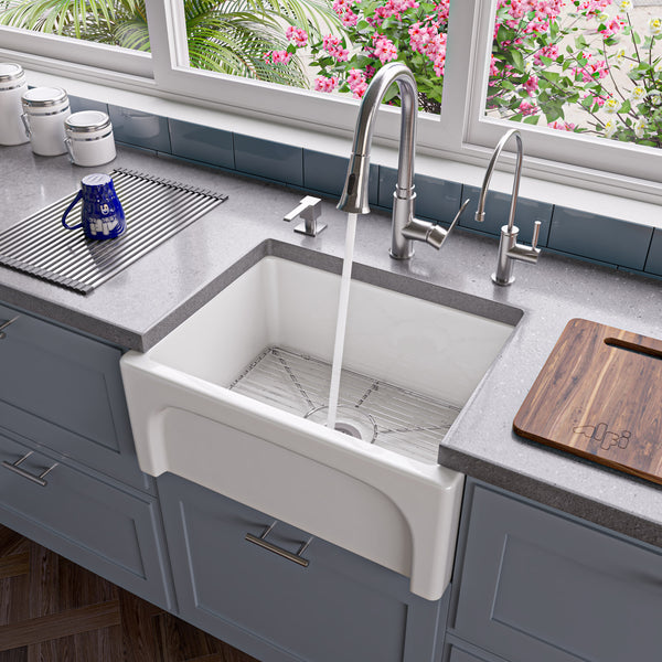 ALFI 24" Thick Wall Single Bowl Fireclay Farmhouse Apron Sink, White, AB2418ARCH-W