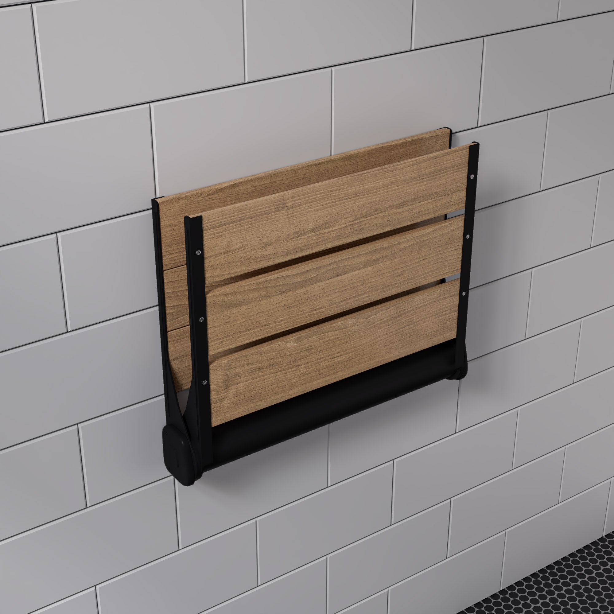 ALFI brand ABS17-BM Black Matte 17" Wide Foldable Teak Shower Seat with Backrest, Teak Wood, Natural Wood