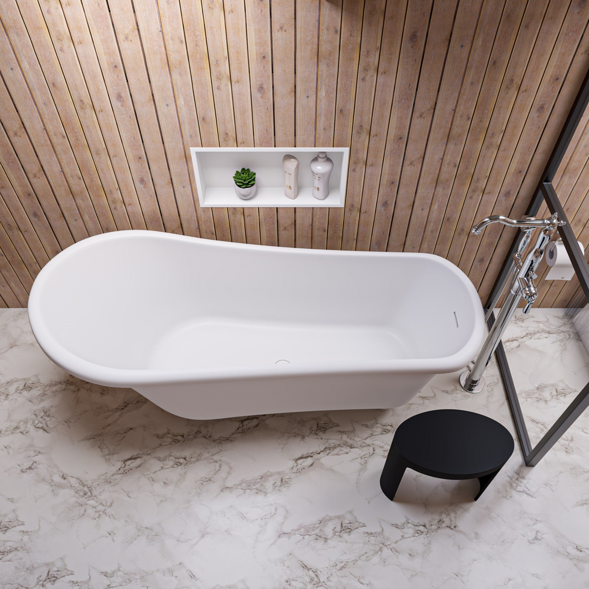 ALFI brand ABST66BM Black Matte Solid Surface Resin Bathroom / Shower Stool, Black & White