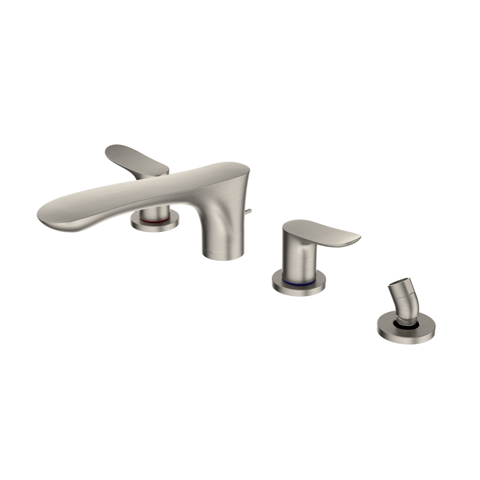 TOTO GO Two-Handle Deck-Mount Roman Tub Filler Trim with Handshower, Brushed Nickel, Brass, TBG01202U#BN