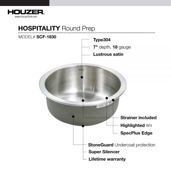 Houzer 18" Stainless Steel Topmount Round Single Bowl Bar Sink, SCF-1830-1
