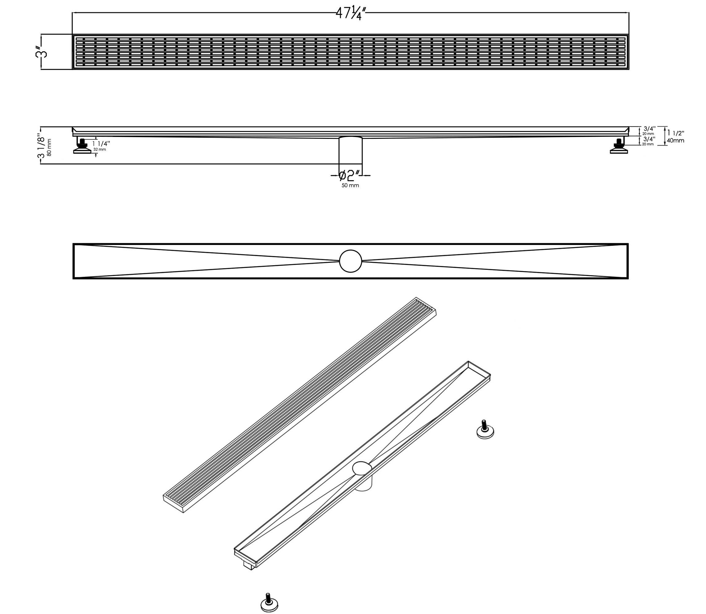 ALFI brand ABLD47D 47" Stainless Steel Linear Shower Drain with Groove Lines, Grey