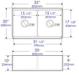 ALFI brand 33" Fireclay Workstation Farmhouse Sink with Accessories, 50/50 Double Bowl, White, No Faucet Hole, ABFS3320D-W