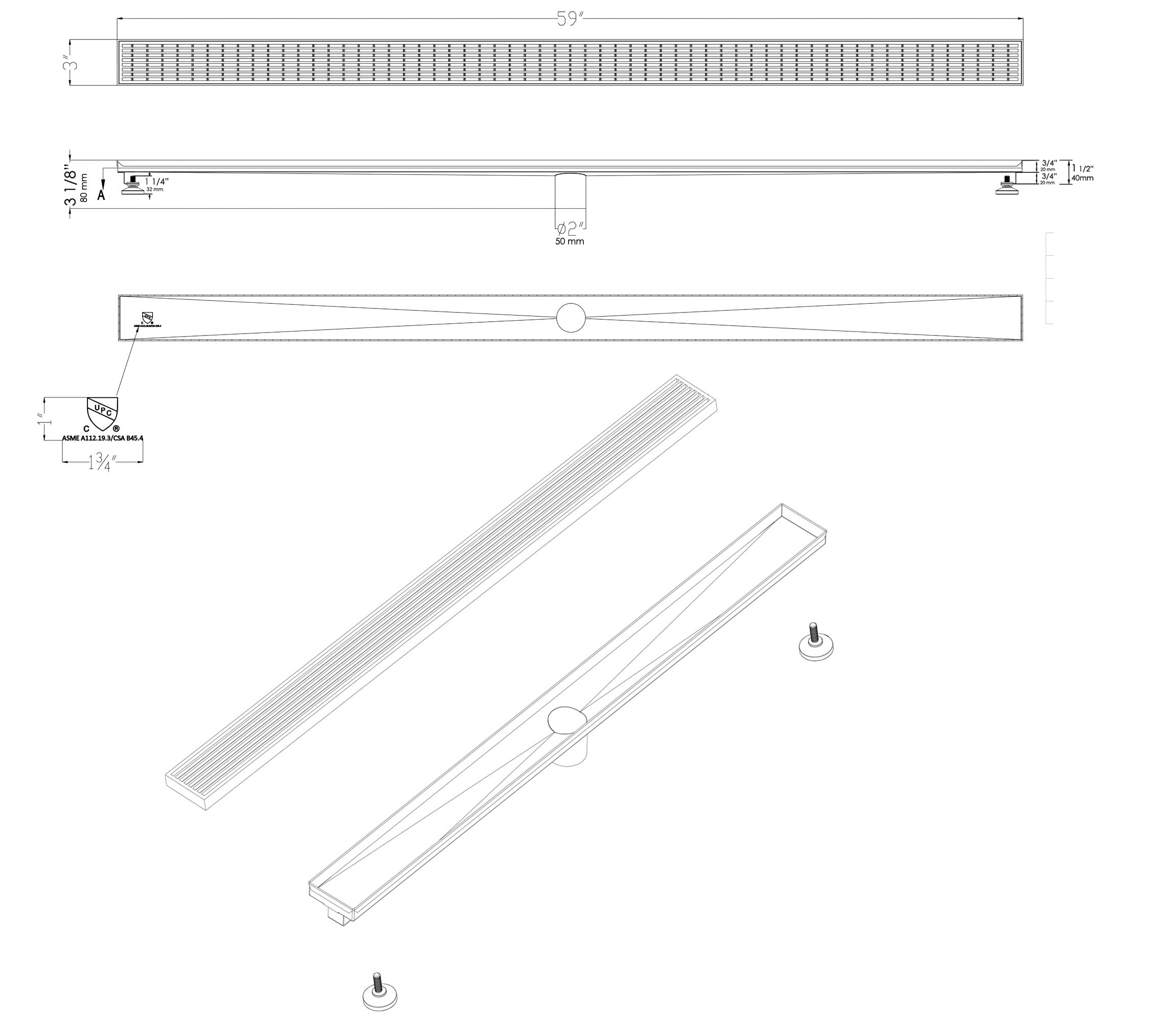 Alternative View of ALFI brand ABLD59D 59" Stainless Steel Linear Shower Drain with Groove Lines, Grey