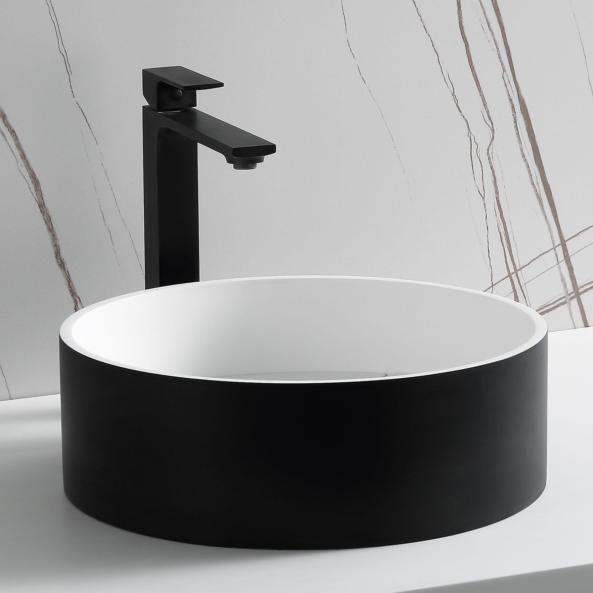 ALFI brand 15.13" x 15.13" Round Above Mount Resin Bathroom Sink, Black & White, No Faucet Hole, ABRS15RBM