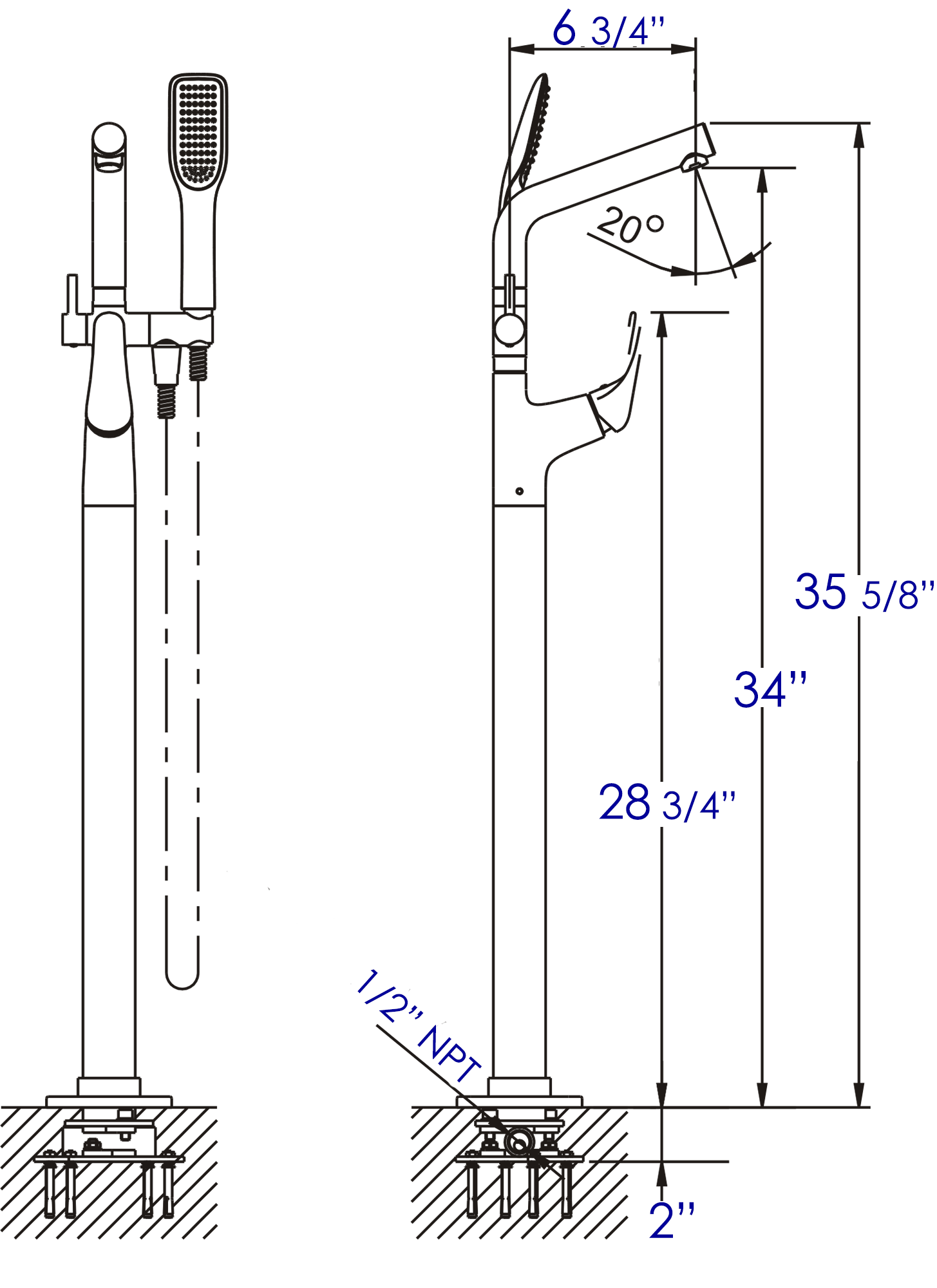 ALFI brand Brass, AB2758-PC Polished Chrome Floor Mounted Tub Filler + Mixer /w additional Hand Held Shower Head