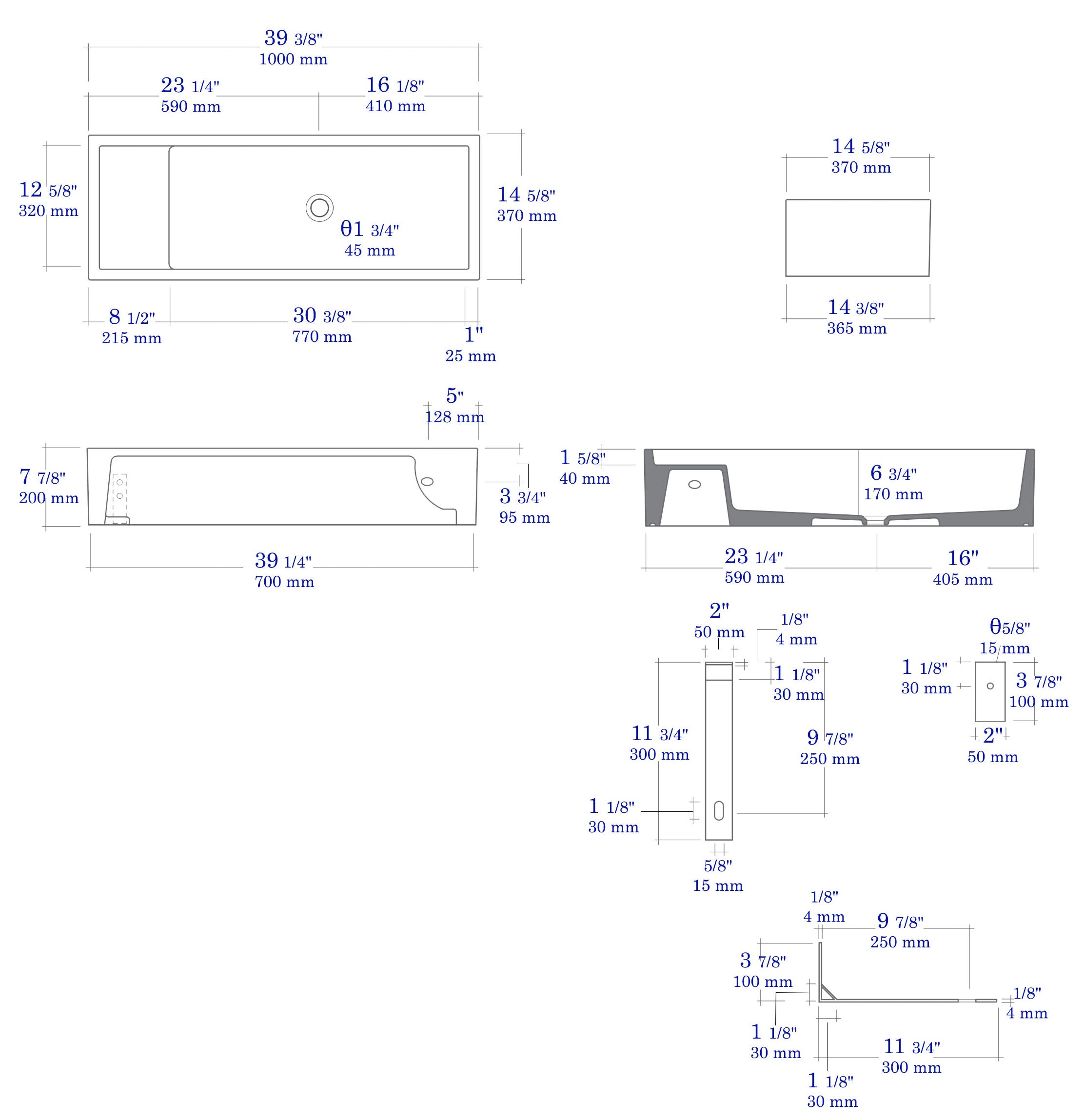Alternative View of ALFI brand 39.4" x 14.6" Rectangle Above Mount or Semi Recessed Fireclay Bathroom Sink, Gray Matte, No Faucet Hole, AB39TRGM