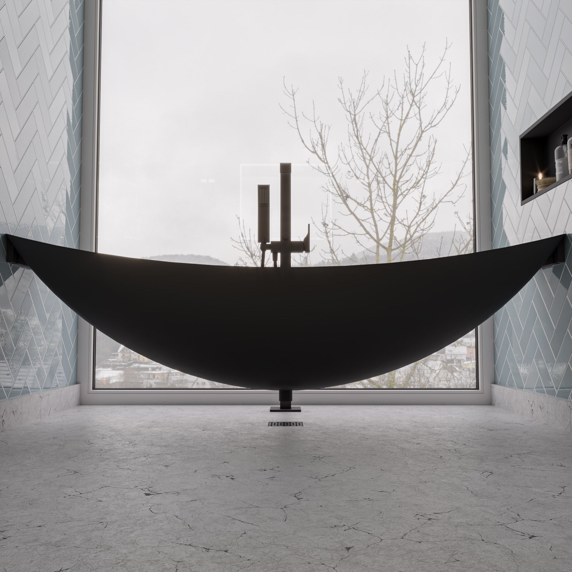ALFI brand 79" Acrylic Wall Mount Oval Bathtub, Black Matte, HammockTub1-BM